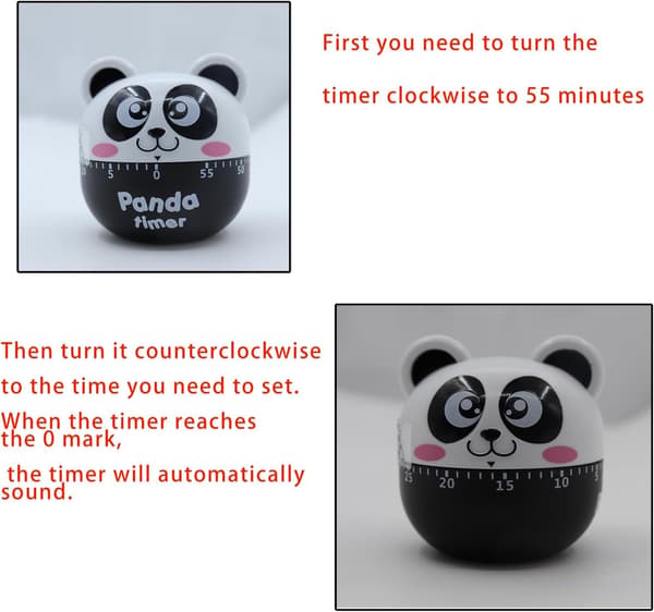 Mekanisk Kjøkkentimer, Eggtimer, Morsom Timer, Manuell Timer, for 60 Minutters Timer, Matlaging og Bake Påminnelse (Panda Svart)