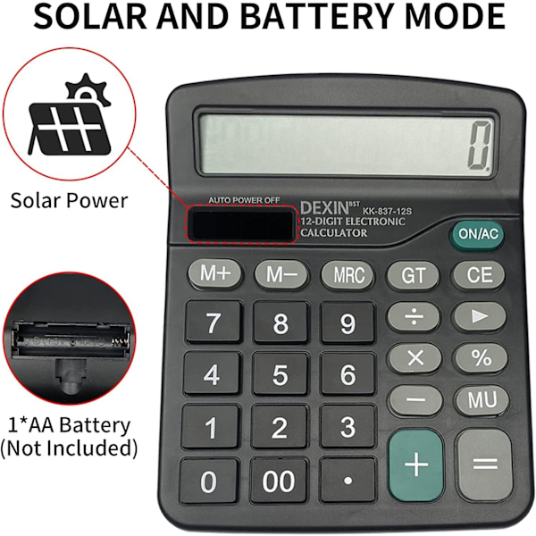 1 stk. Sort Stor Knap Solcelledrevet Bordregner med 12-cifret LCD-display til Hjem og Skole, Mini Regner, Standardfunktioner