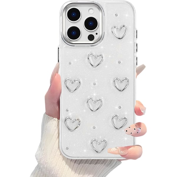 Cover til iPhone 16 Pro Max, Bling Glitter 3D Hjerter Telefon Cover Sødt Glitrende Krystalklart Hjerte Æstetisk Design Cover Slankt Blødt Holdbart TPU Transparen