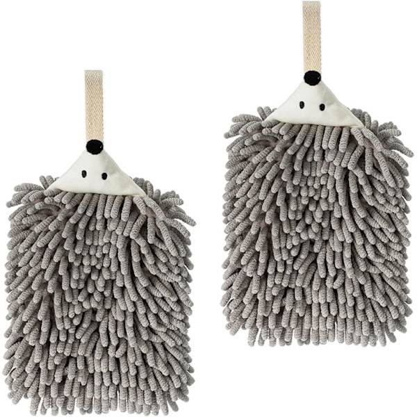 2-pack söta djur chenille handdukar, plysch pom pom handdukar med öglor, hängande handdukar f Gray