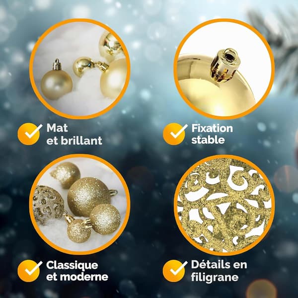Sæt med 100 robuste julekugler i plast til indendørs og udendørs julepynt til træer, guld