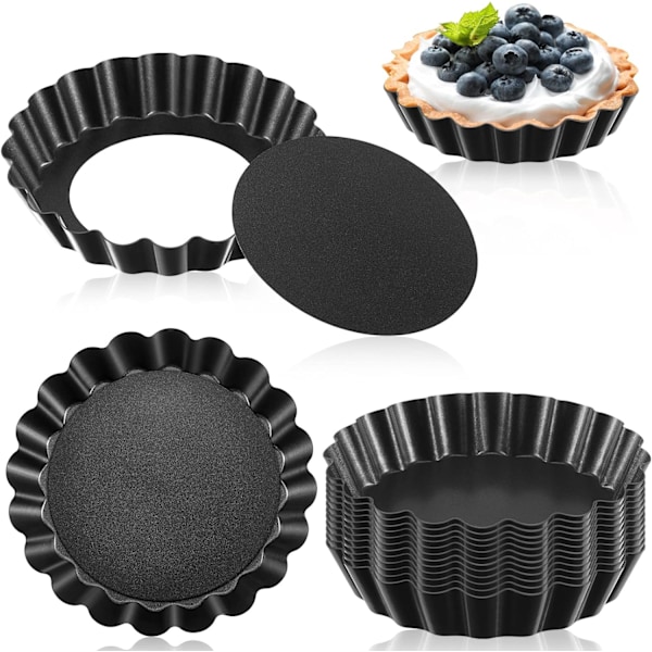 16 stk. Mini Tartformer med Avtakbar Bunn, Rund, Svart Grå, Karbonstål, 4 tommer