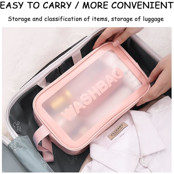 3 st transparenta, vattentäta kosmetiska väskor i PVC, transparenta necessärer för resor Pink