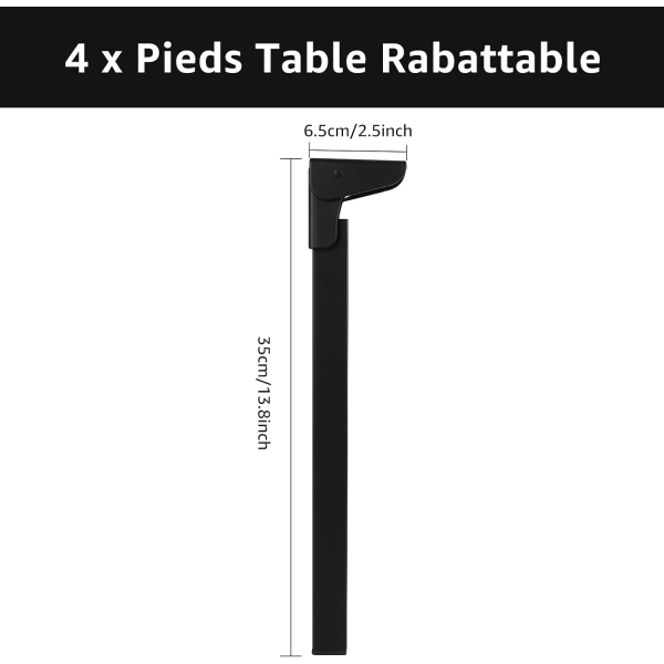 Set med 4 fällbara bordsben 35 CM, 90 graders fällbara bordsben, svarta fällbara soffbordsben för