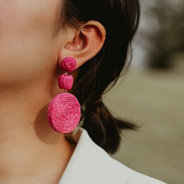 Statement Raffia Boho Runde Hengende Ball Øredobber - Søte Håndlagde Sommer Bohemske Hengende Smykker for Kvinner