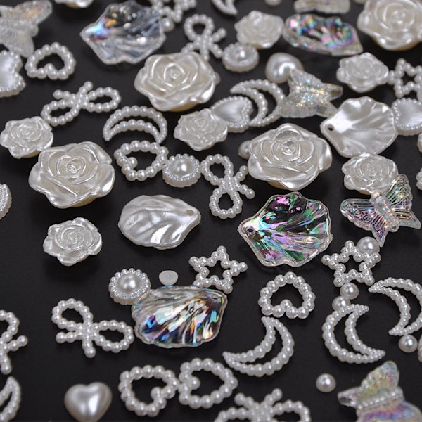 100 stk 3D Multiforme Negle Charms og Flatback Perler, Hvid Mix Styles Hjerte Stjerne Bue Solsikke Pynt til Negle