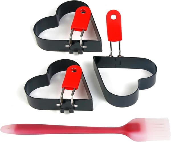 3 stk. hjerteformet æggeringform med orange håndtag, non-stick pandekage maker, sort