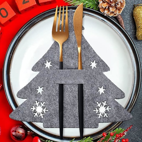 12 st 20×18×0,2 cm Jultomte Filt Bestickshållare, 12 st Julgran Besticksaskar, Grå Knivar Gafflar Servis