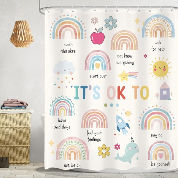 Børne Boho Regnbue Citater Bruseforhæng W150xH180cm Mental Sundhed Inspirerende Ord Emotion Cartoon Sød Akvarel Ch