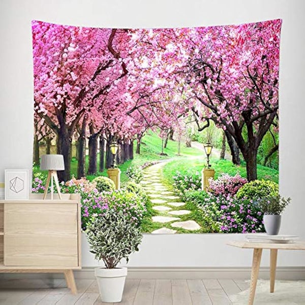 100x75cm Treblomsterveggteppe Skogsti Rød Kirsebærblomst Veggdekorasjon Teppet for Soverom Stue Sovesal