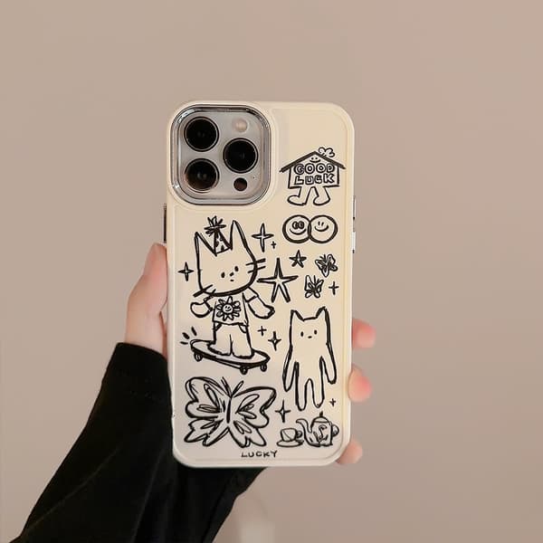 Designet til iPhone Case, Sød Kat Sommerfugl Stjerne Heldig Linjetegning Blød Telefon Case (Hvid, til iPhone 16 Pro Max)