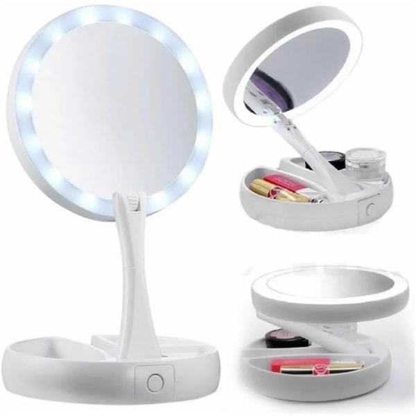Kosmeettinen peili LED-valolla ja kaksipuolisella organizer ja 10x suurennuspeilillä