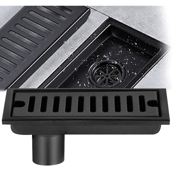Rektangulær Gulvrist, Svart Rustfritt Stål Gulvrist 20x10cm Dusj Gulvrist med Dobbelt Filter for Toalett Bad