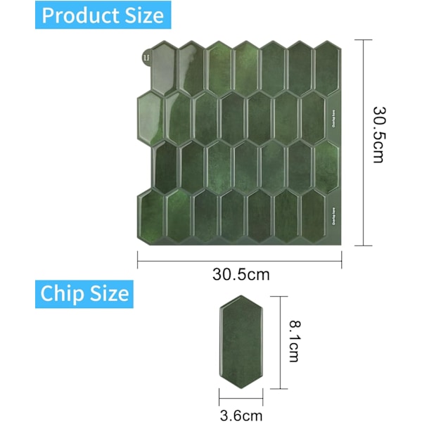 Setti (30,5 x 30,5 cm) 3D timantinmuotoisia laattatarroja taustalevyyn, 10 arkkia keittiön seinälaattatarroja, pitkiä kuusikulmaisia seinätarroja kylpyhuoneeseen ja