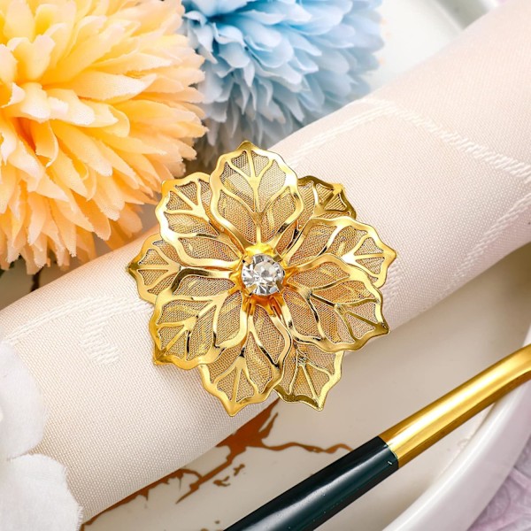 12 st guld Hål ut Blomma Servett Ringar Legering Blommig Rhinestone Servett Hållare Set Prydnad Utsökt Hushåll för C