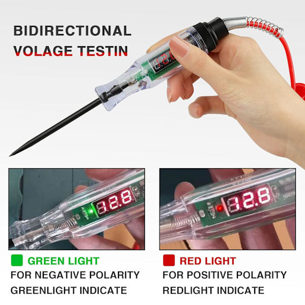 Bil DC 6V 12V 24V elektrisk testpenna spänningstestare med LCD-display, fjädertråd, alligat