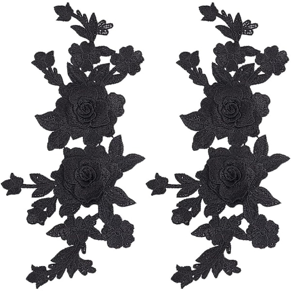 2 stk. Sorte Brodererede Blomster Applikationer Boho Love Vintage Rose Sy-på Patches Retro Blomster Par Polyester Ornament til W