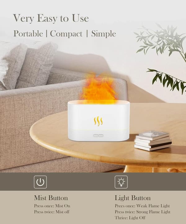 Flame Luftfugter med Diffuser, Opgraderet Duftdiffuser til Æteriske Olier, Ultralyd Aromaterapi, Fire Mist Luftfugter med 2