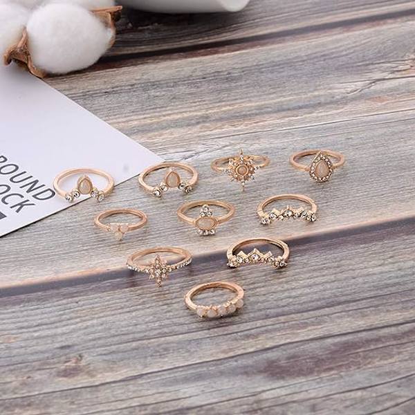 10 kappaleen pinoamissormussetti teini-ikäisille naisille, boho vintage pinoamissormus