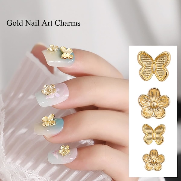 40 st Blommor Fjäril Nagelberlocker och Ädelstenar Metall Blommor Fjäril Nagelsmycken Berlocker Design 3D Guld Glänsande Kristall Nagelkonst Berlocker Strass