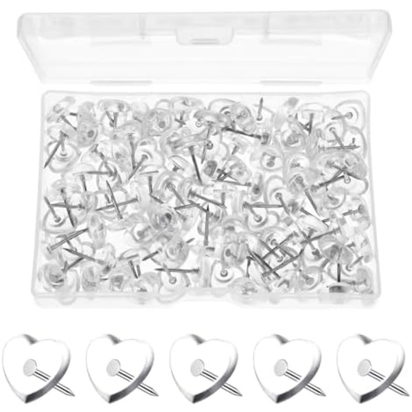 100 stk Klare Hjerteformede Tommeltapper Plast Dekorative Push Pins for Hengende Bulletinplakater Bilder Postkort Kart S