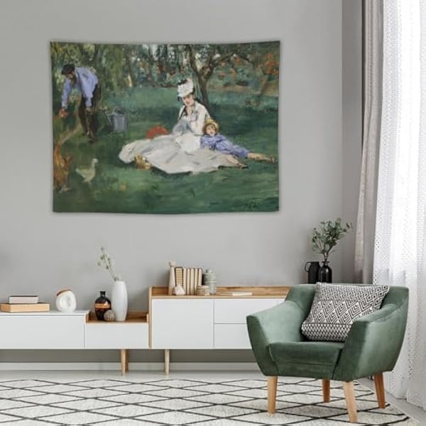 95x73cm Edouard Manet Gobeläng Monet-familjen i trädgården Impressionistisk konst Gobeläng Bildtryck Gobeläng Väggmålning