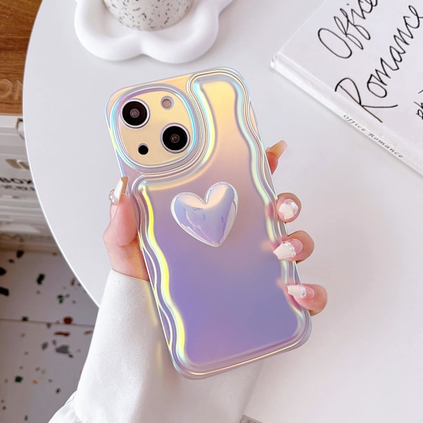 1 st. iPhone 15 Skal 6,1 tum Söt 3D Hjärta Vågram Soft Silikon Glitter Sparkle Laser Färg Glitter Telefon C