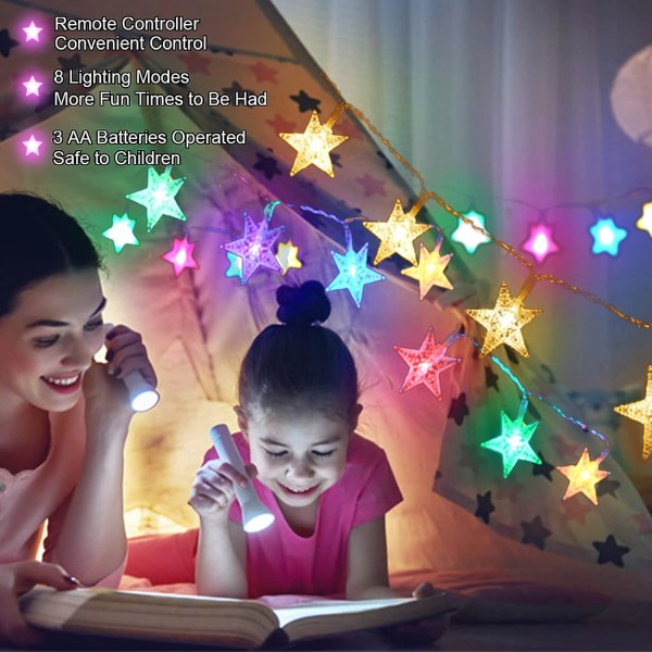 7,5 m 50 LED-stjernelys på batteri, 8 moduser varmt hvitt fargeskiftende LED-lys for We