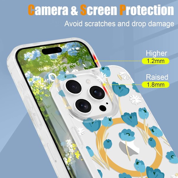Magnetisk Skal för iPhone 16 Pro Max Floral, Sött Lyxigt Transparent Blomsterskal för Kvinnor Flickor Mjukt Elegant Pläterat [Kompatibelt med Magsafe] Skyddande Ph