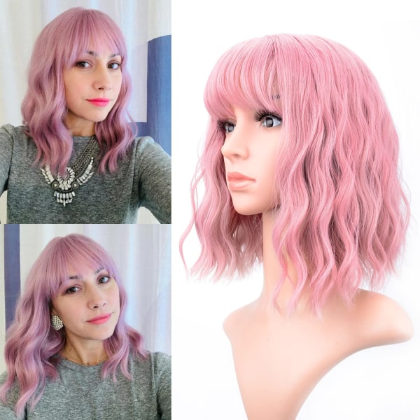 Pastel Bølget paryk med Air Bangs Pink Korte Parykker til Kvinder Curly