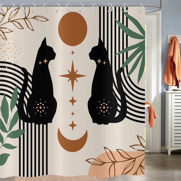 Boho Bruseforhæng 180x180, Abstrakt Sort Kat Blad Måne Stjerne Beige Badeforhæng Moderne Terrakotta Kunst Æstetisk Vandtæt Polyesterstof