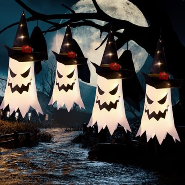 Halloween-dekorasjoner Utendørs Halloween-dekor Henge Utendørs Lyslenker Glødende Spøkelse Hekshatt Halloween-dekorasjon