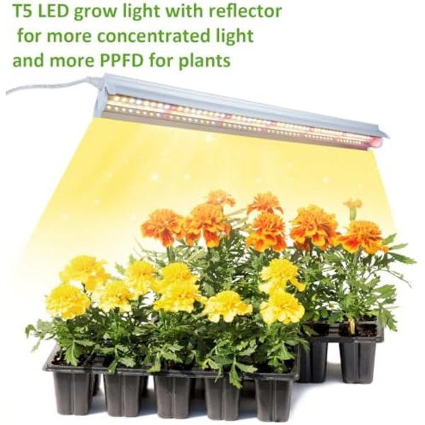4 stk. T5 Plantelys, Fuld Spektrum 42cm LED Vækstlys, Plantevækstlampe med Reflektor/Daisy Chain Design til Frøplanter