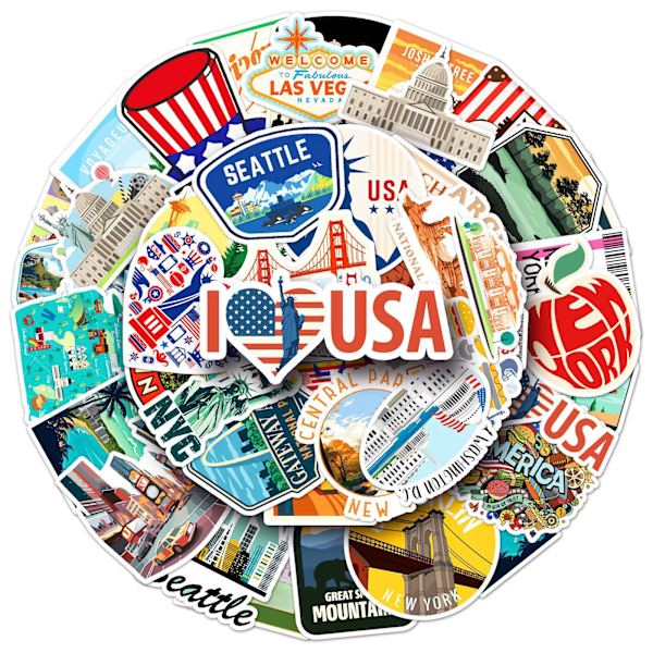 50 stk. USA Reiseklistremerker Vanntett Vinyl Koffert Bagasje Dekaler Skateboard Gitar Laptop