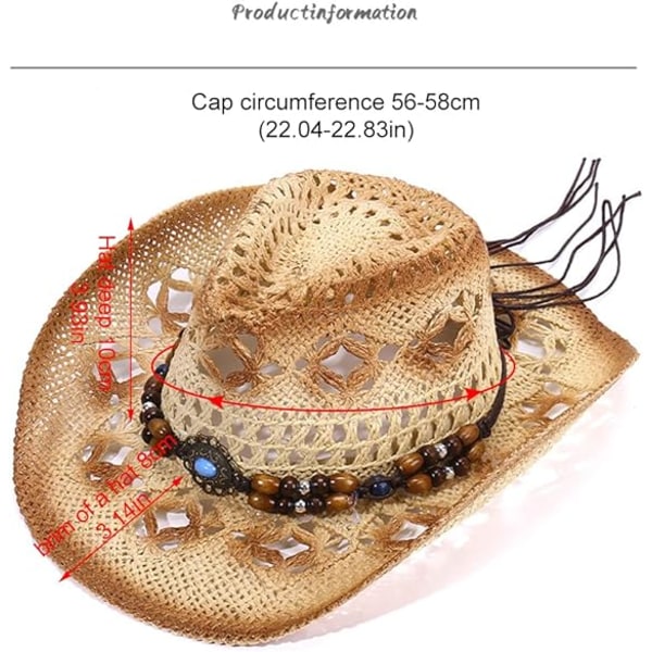 (begie)Unisex hollow straw cowboy hat, wide brim cowboy sun hat w