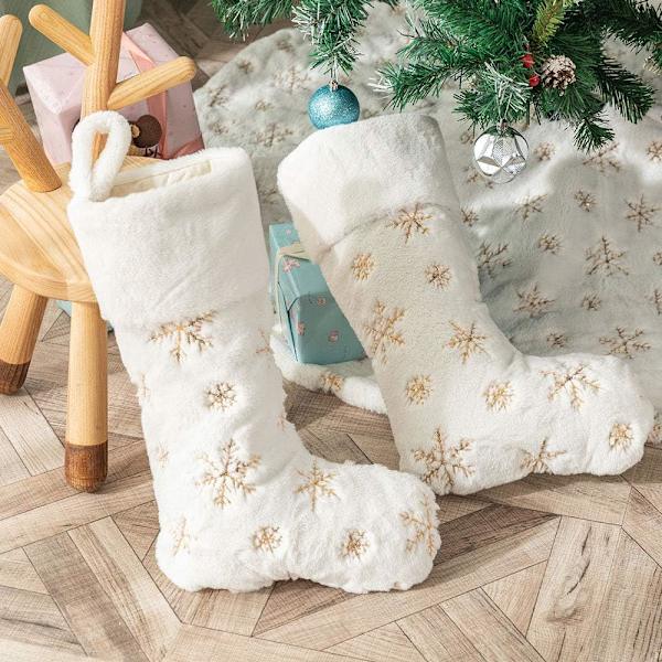 Plush Juldekorationer Strumpor 2st Vita Julstrumpor Presentstrumpor med Gyllene Snöflingor för Julbrasa D