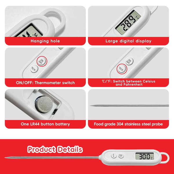 Kökstermometer, Kötttermometer, Digital Termometer med Lång Sond, Mattermometer, Matlagningstermometer med LCD-Display °F/°C Knapp, för B