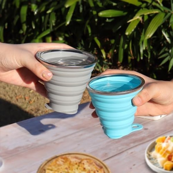 Hopfällbara Koppar för Campingresor, Liten Bärbar Drickskopp med Lock Återanvändbar för Utomhusvandring 270ml (Blå/Grå