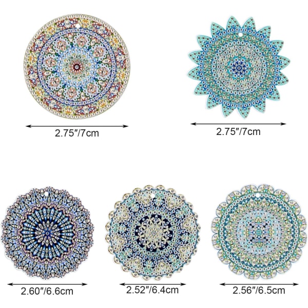 5 stk 5D DIY Mandala Blomster Diamantmaleri Nøkkelringer,