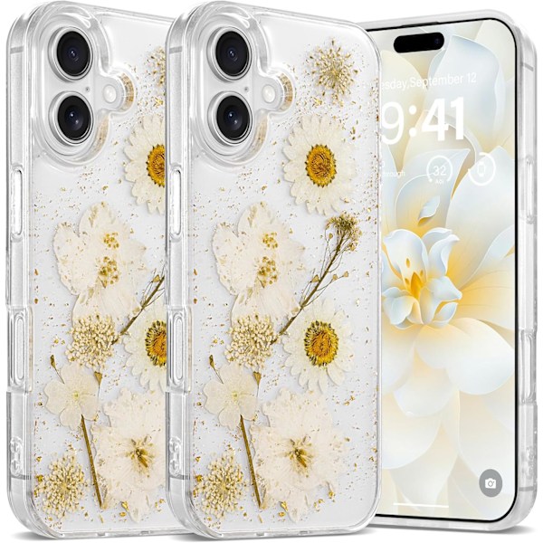 (Daisy) Blomsteretui for iPhone 16 Klart Etui med Ekte Tørkede Blomstermønstre, Glitter Søte Blomsterdesign for Kvinner Jenter