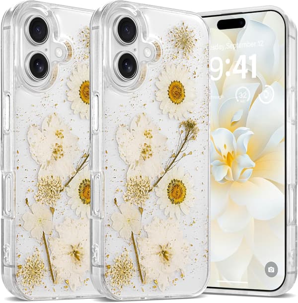 (Daisy) Blomsteretui til iPhone 16 Klar Etui med Ægte Tørrede Blomstermønstre, Glitter Søde Blomster Design til Kvinder Piger