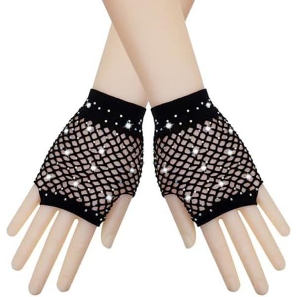 9x7cm 80-tals Fiskgarnvantar Nylon Korta/Långa Rhinestone Fingervantar Punk Mesh Armöverdrag