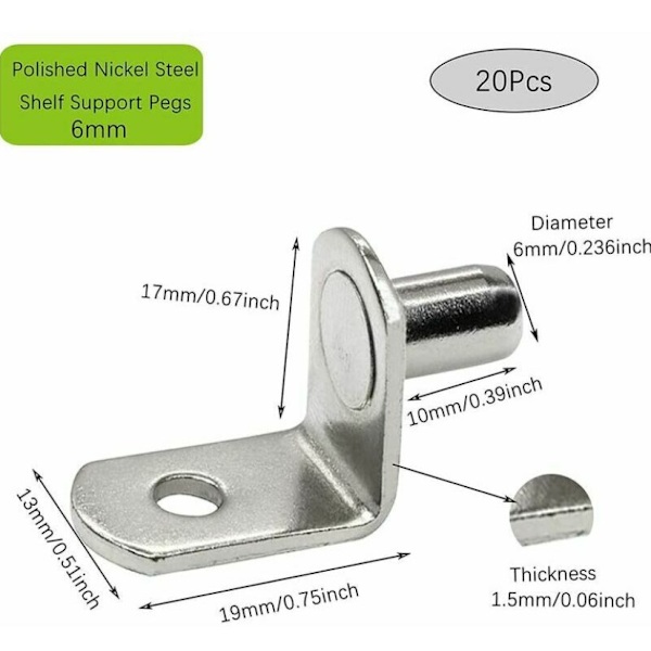6MM hylla konsol 20 stycken nickelpläterat stål hylla stöd pinne