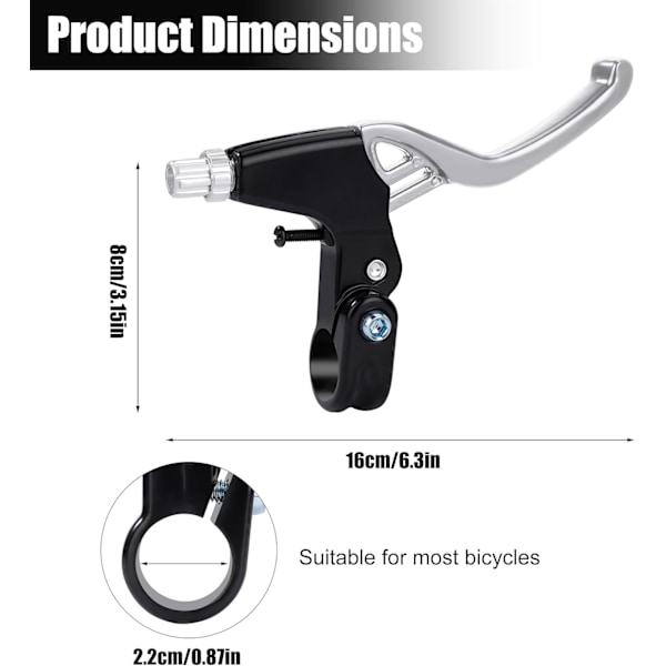 1 par sykkelbremsehåndtak sykkelhåndtak bremsehåndtak i aluminiumlegering for 2,2 cm diameter Silver
