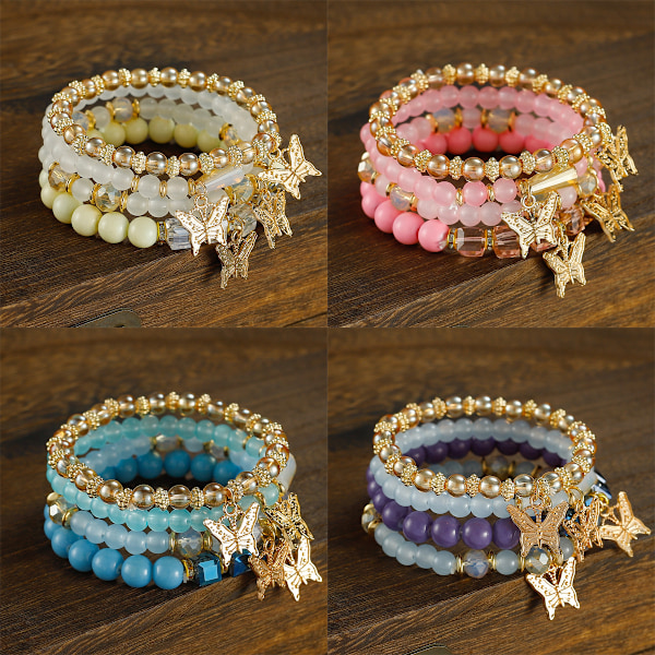 Rosa Set Bohemisk Fjäril Kristall Sten Sträckbar Hängande Armband för Kvinnor Guld Pärlor Stapelbara Sträckbara Armband Col