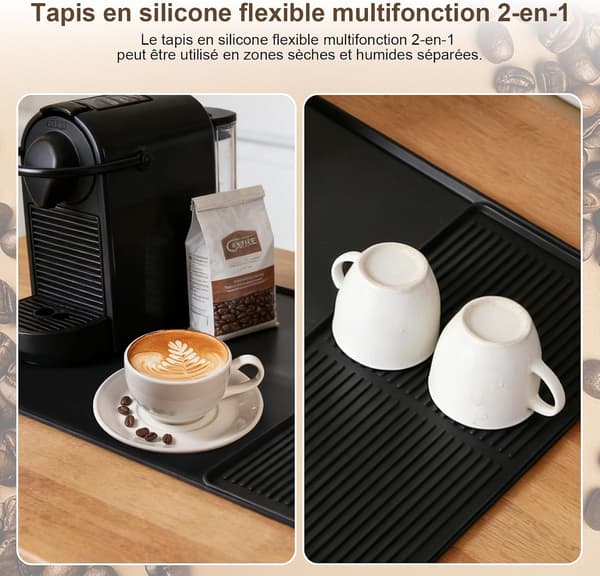 2-delt silikone-måtte til kaffemaskine | Opvaskemåtte + kaffemaskineunderlag, 60x40 cm sort absorberende måtte, praktisk silikone