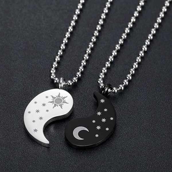 (Black silver）1 Pair Yin Yang Pendant Necklace 60cm Matching Puzz