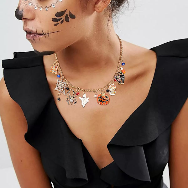 Halloween-element halskjede, Trick or Treat gresskar edderkopp spøkelse Halloween-fest chunky choker halskjede