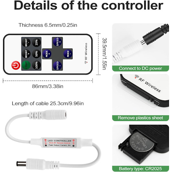 2 stk. RF Mini LED Strip Controller, 11 knapper RF trådløs fjernbetjening til monokrom RGB LED Strip 5