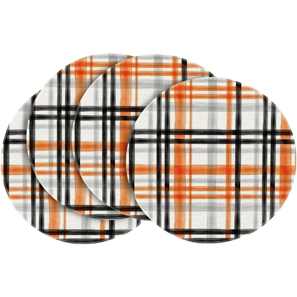 Sæt med 4 Orange Sort Buffalo Plaid Halloween Runde Placemats, 15 Tommer Efterårs Runde Bordmåtter til Spisedekoration
